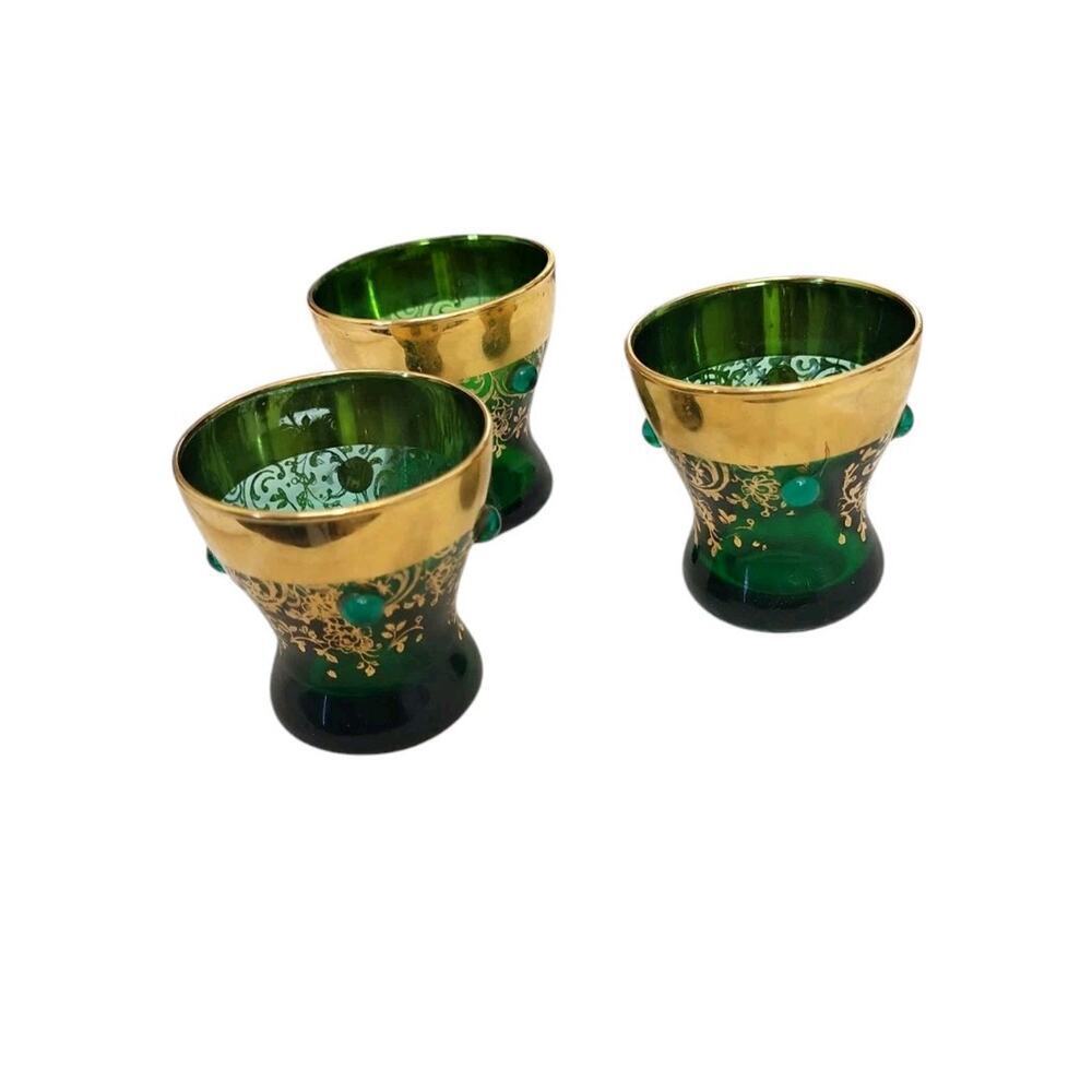 Vintage Green Czech Bohemian Glass Set Hand Painted Gold Trim Floral Shot Glass